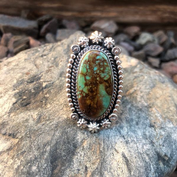 Large Sterling Silver Tan and Green Kingman Turquoise Ring