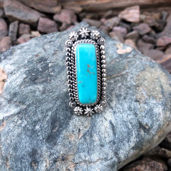 Detailed Sterling Silver Rectangle Cut Kingman Turquoise Ring