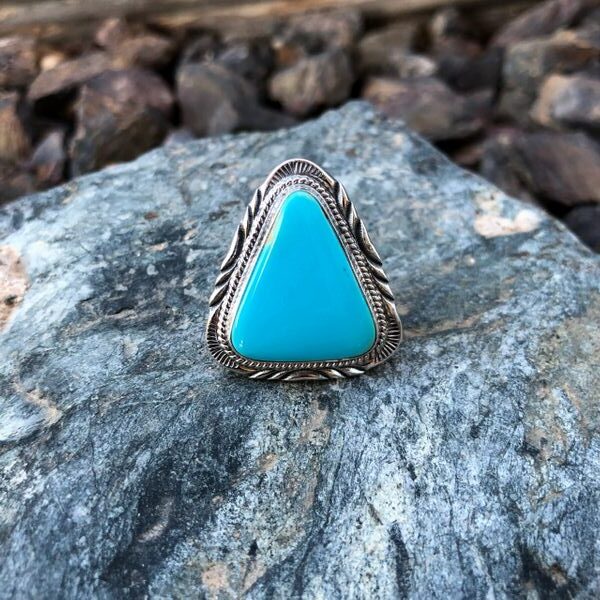 Sterling Silver Triangle Cut Blue Kingman Turquoise Ring